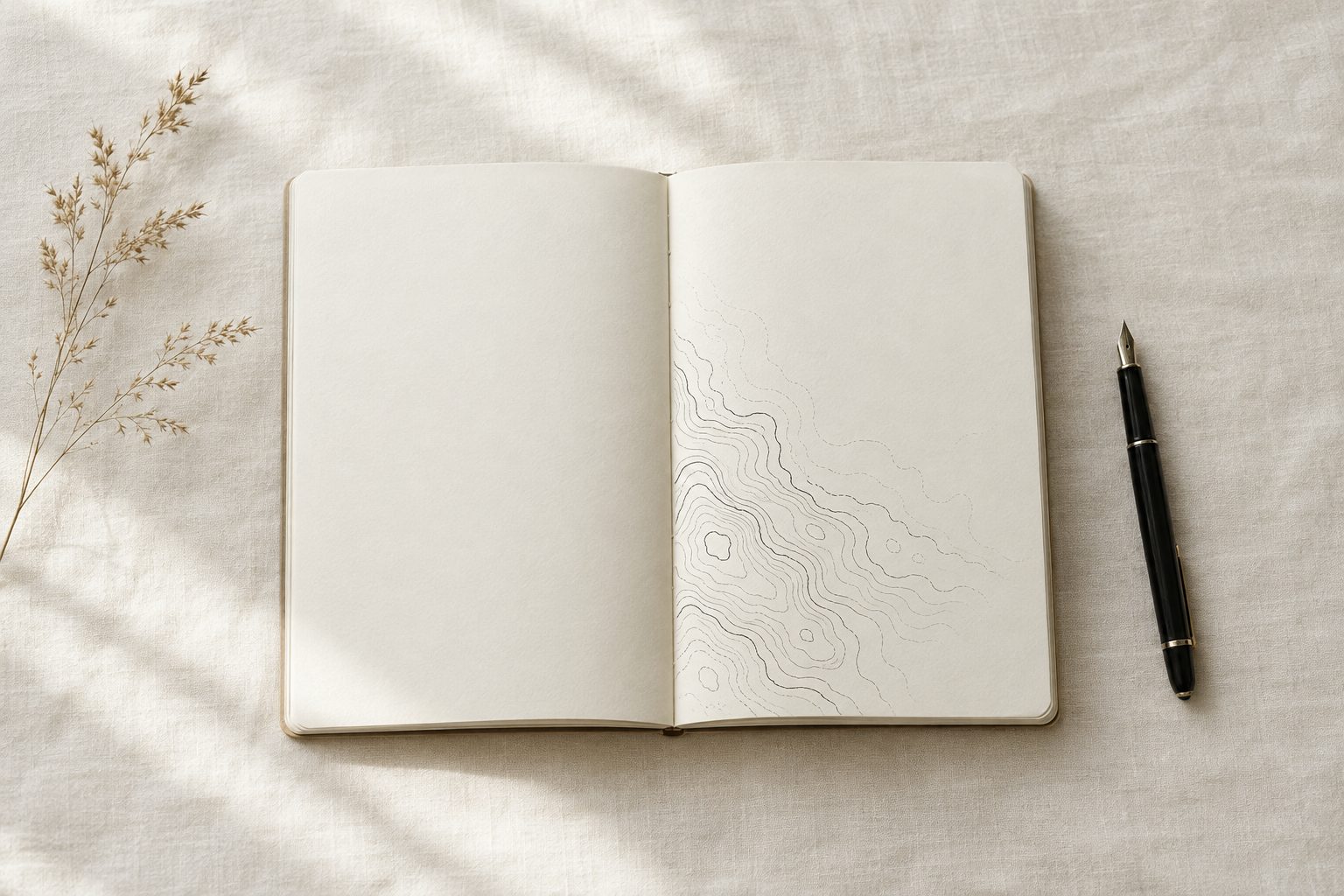 Cuaderno abierto sobre lino: una página en blanco y otra con líneas de un mapa que empieza a dibujarse, junto a una pluma.